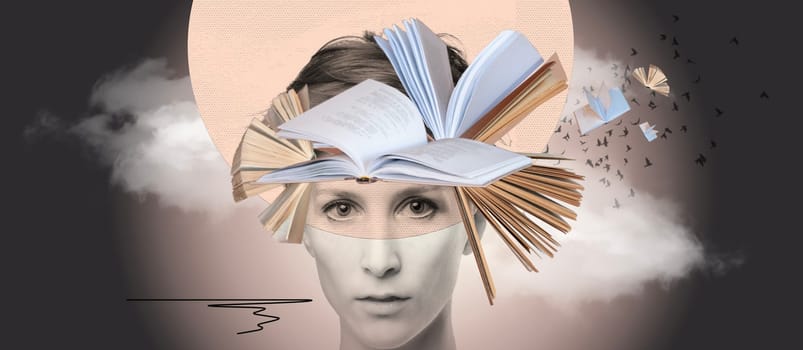 Head with books as a metaphor for education. Art collage or design. Creative idea symbol. Mental Health, thinking, psychology, education, intellectual development concept