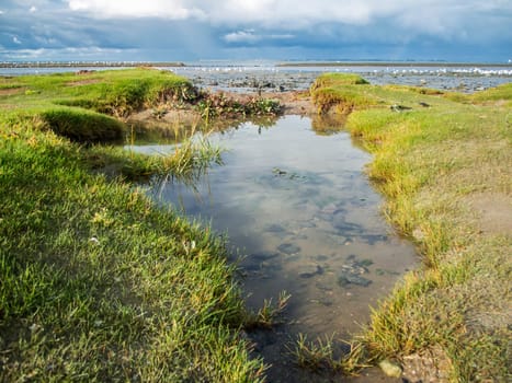 Wide angle view over the salt marshes in East Frisia with a broken protective wall in front of the Harlesiel with the island of Wangeroode on the horizon and a small pond in the foreground.