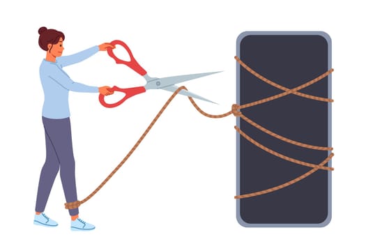 Digital detox is done by woman with mobile phone, cutting rope with scissors to get rid of addiction. Importance of digital detox in modern life to combat attachment to gadgets and social networks