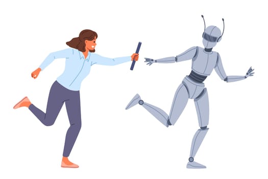 Collaboration human and robot working together towards goal to achieve success in business. Female manager uses robot with artificial intelligence to increase efficiency of own work.