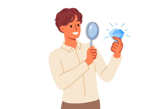 Business man with diamond and magnifying glass, for concept of opportunity and luck in career. Diamond in hand of positive jeweler enjoying work and studying gemstone that promises great profit