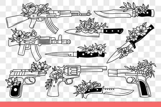 Firearms and bladed weapons for soldiers using pistols and knives or rifles. Automatic rifles with daggers are decorated with spring flowers and are intended for self-defense. Hand drawn doodle
