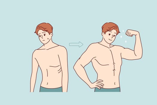 Transformation of weak man into strong one through hard training and proper nutrition, or good willpower. Progress of successful bodybuilder gaining muscle mass and training in fitness club