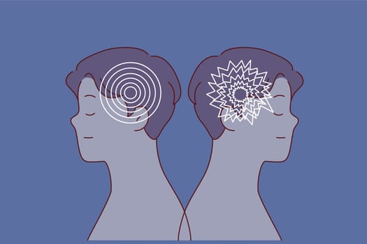 Comparison of men with healthy psychological state and bipolar disorder causing brain damage. Psychological differences normal and sick patients with symptoms of schizophrenia and cognitive impairment