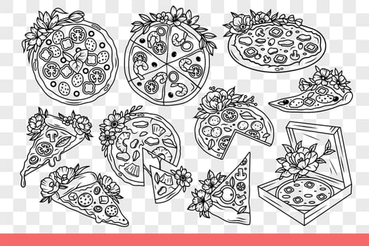 Pizza in process of preparation and delivery, near chef and ingredients for recipe. Male courier holds boxes of pizza in hands or bakes dough in stone oven with fire. Hand drawn doodle