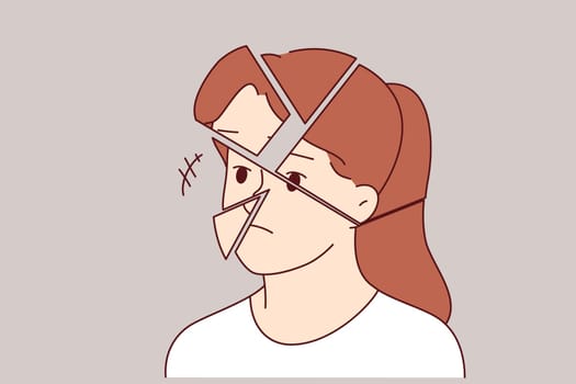 Destruction of woman personality and face is caused by impaired psychological health and mental burnout. Upset girl needs antidepressants to restore damaged personality and eliminate disorder