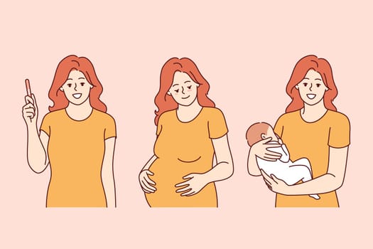 Stages of motherhood and pregnancy in woman holding pregnancy test and baby in hands. Pregnant girl learns about fertilization and carries newborn, rejoicing at appearance of son or daughter