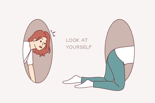 Woman looks for causes of problems within personality, crawling through holes and bumping into own feet. Young girl explores personality to improve self-esteem and psychological or mental health