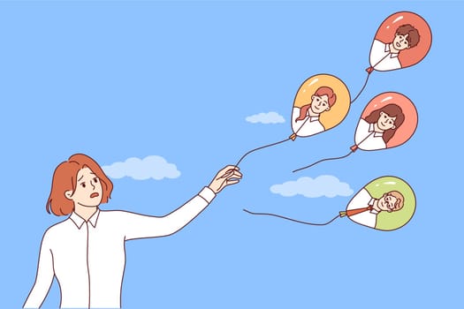 Inexperienced business woman misses out on good employees drawn on balloons. Concept of problem of losing employees after bad decisions by businesswoman working as recruiting manager