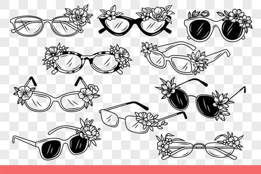 Glasses to improve vision and sunglasses from ophthalmology store that produces lenses. Assortment of glasses decorated with flowers, for fashionable people who want to change image. Hand drawn doodle