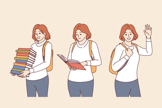 Woman student with stack of books and backpack behind is ready to gain new knowledge from literature. Girl student from high school loves to read and get self-education to improve intelligence