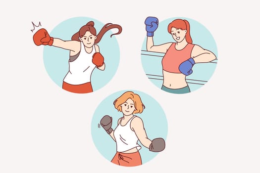 Woman boxer demonstrates ability to fight in ring and defend herself from opponents attacks. Girl boxer is engaged in professional sports and trains to defeat rivals at international tournament