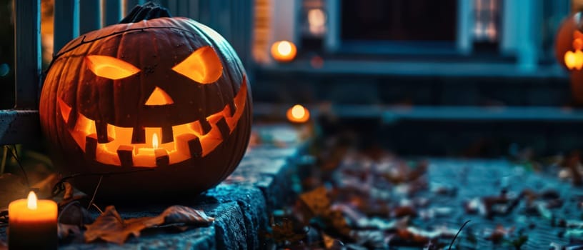 A carved pumpkin sits on a stone path, illuminated from within, surrounded by candles and autumn leaves in a festive Halloween setup.