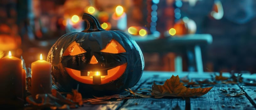 A carved pumpkin glows on a wooden table surrounded by candles and autumn leaves, creating a cozy Halloween atmosphere.