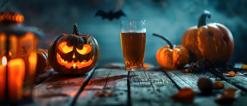 Carved pumpkins glow beside a glass of beer on a wooden table decorated for Halloween.