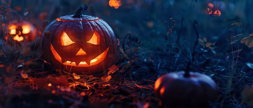Glowing jack-o'-lanterns sit among autumn foliage, creating an eerie atmosphere as night approaches.