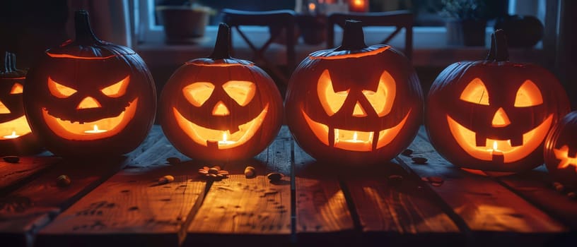 Carved pumpkins with glowing faces are arranged on a wooden table in a cozy, dimly lit room, creating a festive Halloween atmosphere.