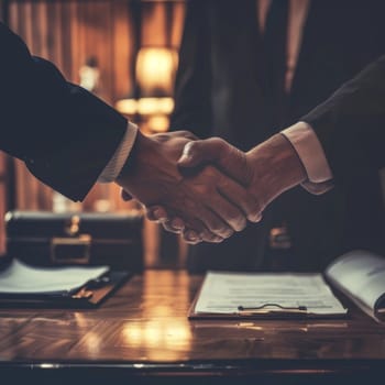 Close-up of business handshake over signed contract in dimly lit office