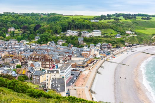 View from above to the town and the bay of Etretat, France