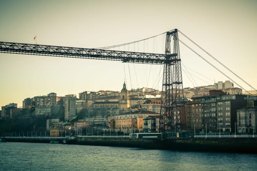 The Bizkaia suspension transporter bridge (Puente de Vizcaya) in Portugalete, Spain. The Bridge crossing the mouth of the Nervion River.