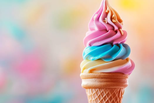 A wafer cone with different layers of colors ice cream, close-up view. AI generated