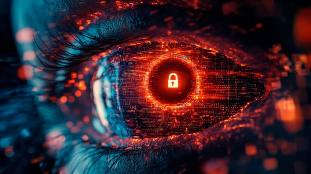 Haker eye with tiny lines of code and data nodes, with a glowing lock at the center of the pupil, symbolizing the importance of security in the digital world.  AI generated