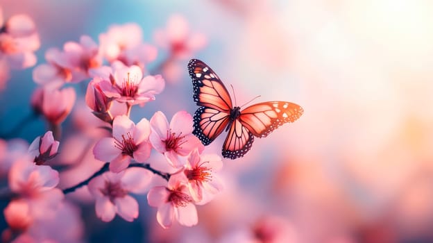 A peaceful spring landscape with pink sakura flowers in full bloom and beautiful butterfly, serene and delicate beauty of the natural world. AI generated