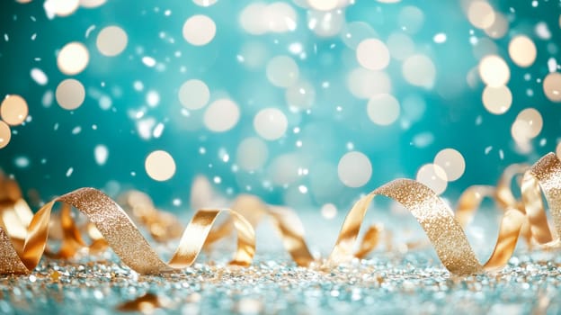 Celebration background with golden ribbons and sparkling confetti for a festive touch. AI generated