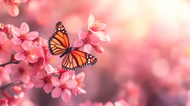 Spring landscape with pink sakura flowers in full bloom and beautiful butterfly, serene and delicate beauty of the natural world. AI generated