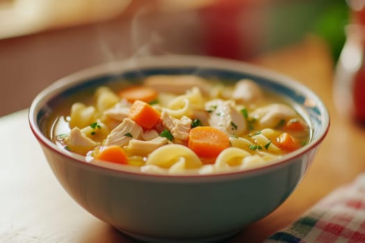 Steaming bowl of hearty chicken noodle soup with vegetables and herbs.