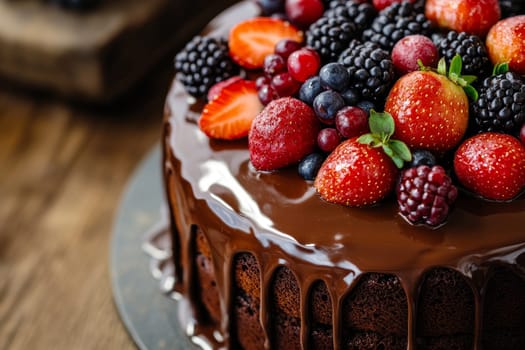 Close-up of chocolate cake with glossy ganache topping and assorted fresh berries, wooden table background.