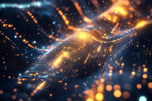 Flowing digital mesh with illuminated orange and blue particles on dark background.