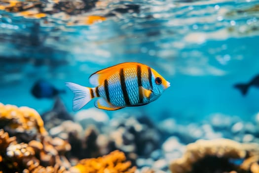 Colorful striped fish gliding through clear turquoise waters near coral.