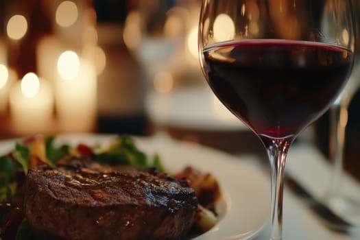 Glass of red wine next to a juicy steak on a plate with romantic candlelight in the background.