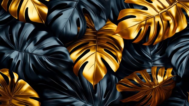A beautiful background with gold foil tropical leaves. Exotic luxury greeting invitational card. AI generated