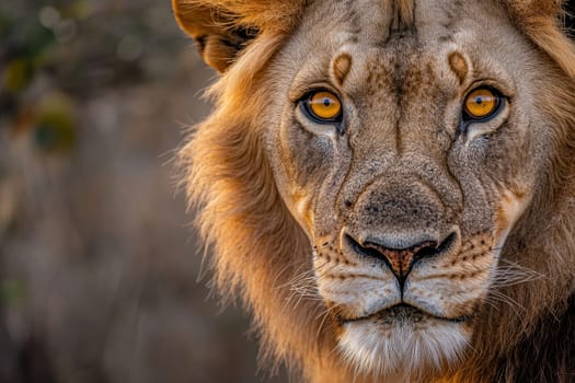 Close-up of male lion face with striking amber eyes and golden mane.