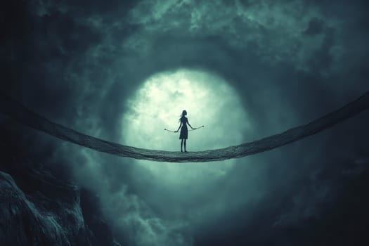 Silhouette of a figure balancing on a tightrope suspended between cliffs against a large full moon.