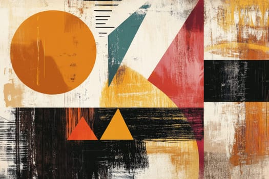 Vintage-style abstract painting with geometric shapes and distressed textures in warm earth tones.