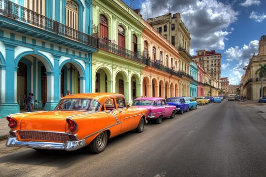 Vibrant colonial buildings with vintage cars parked along street, showcasing classic Cuban architecture and automobiles.