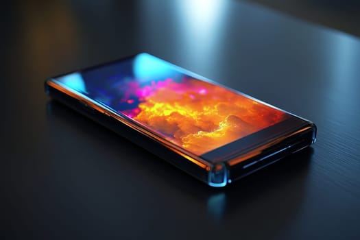 Sleek smartphone showcasing a vibrant, colorful display with fiery hues, reflecting advanced technology and innovative design.