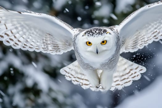 Majestic snowy owl with wings spread wide, flying through falling snow against a blurred winter background.