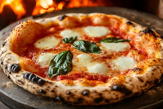 Close-up of a freshly baked Neapolitan Margherita pizza with melted mozzarella, tomato sauce, and basil leaves.