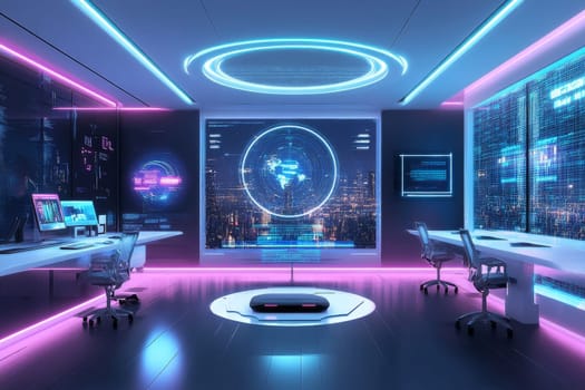 High-tech control room with holographic displays, neon lighting, and a cityscape view, showcasing advanced technology interfaces.