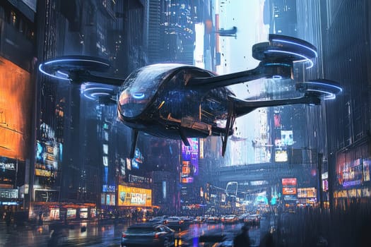 Futuristic urban street scene with a hovering vehicle, neon signs, and heavy rain, capturing a cyberpunk atmosphere.