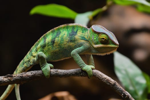 Close-up of colorful chameleon with intricate scales and expressive eye.