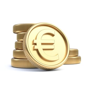 Golden coins with euro currency symbol 3D rendering illustration isolated on white background