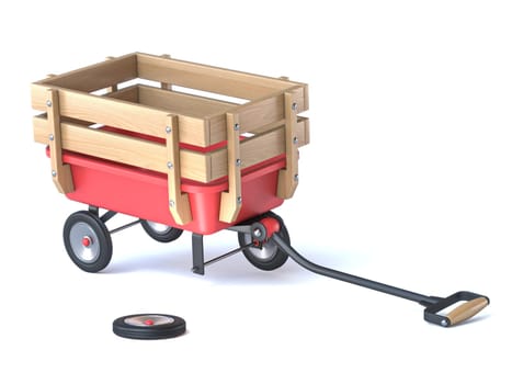 Toy mini wagon with broken wheel 3D rendering illustration isolated on white background