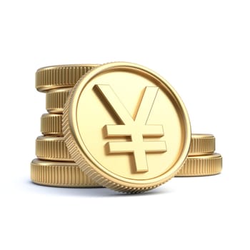 Golden coins with yen currency symbol 3D rendering illustration isolated on white background