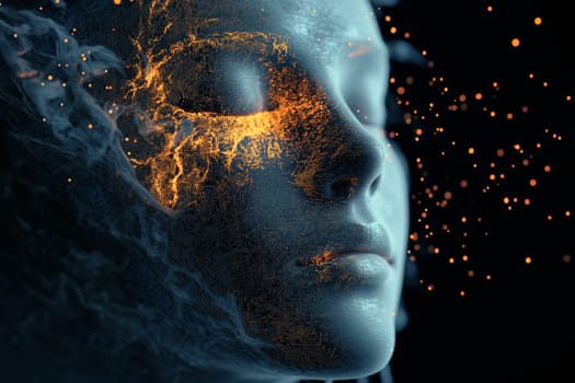 Close-up of digital human face with illuminated orange particles on blue background.