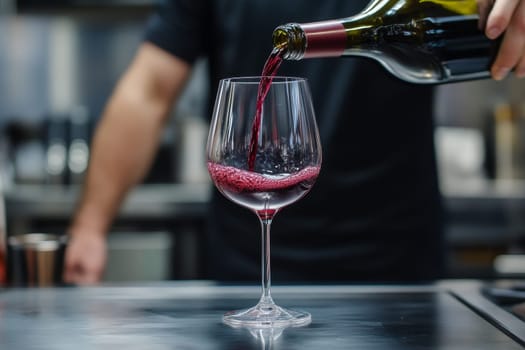 Close-up of red wine being poured into a glass by a sommelier in a restaurant setting.